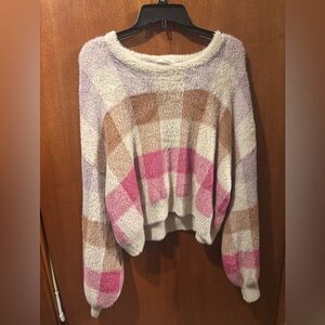 Cozy Multi-Color Plush Check Sweater - Pink, Cream & Tan